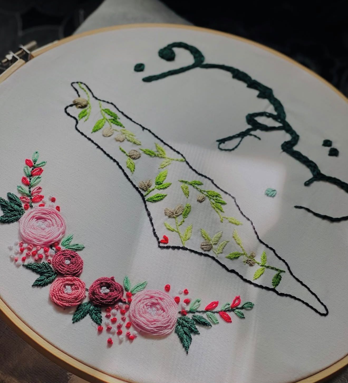 Hand embroidery hoop with floral stitches